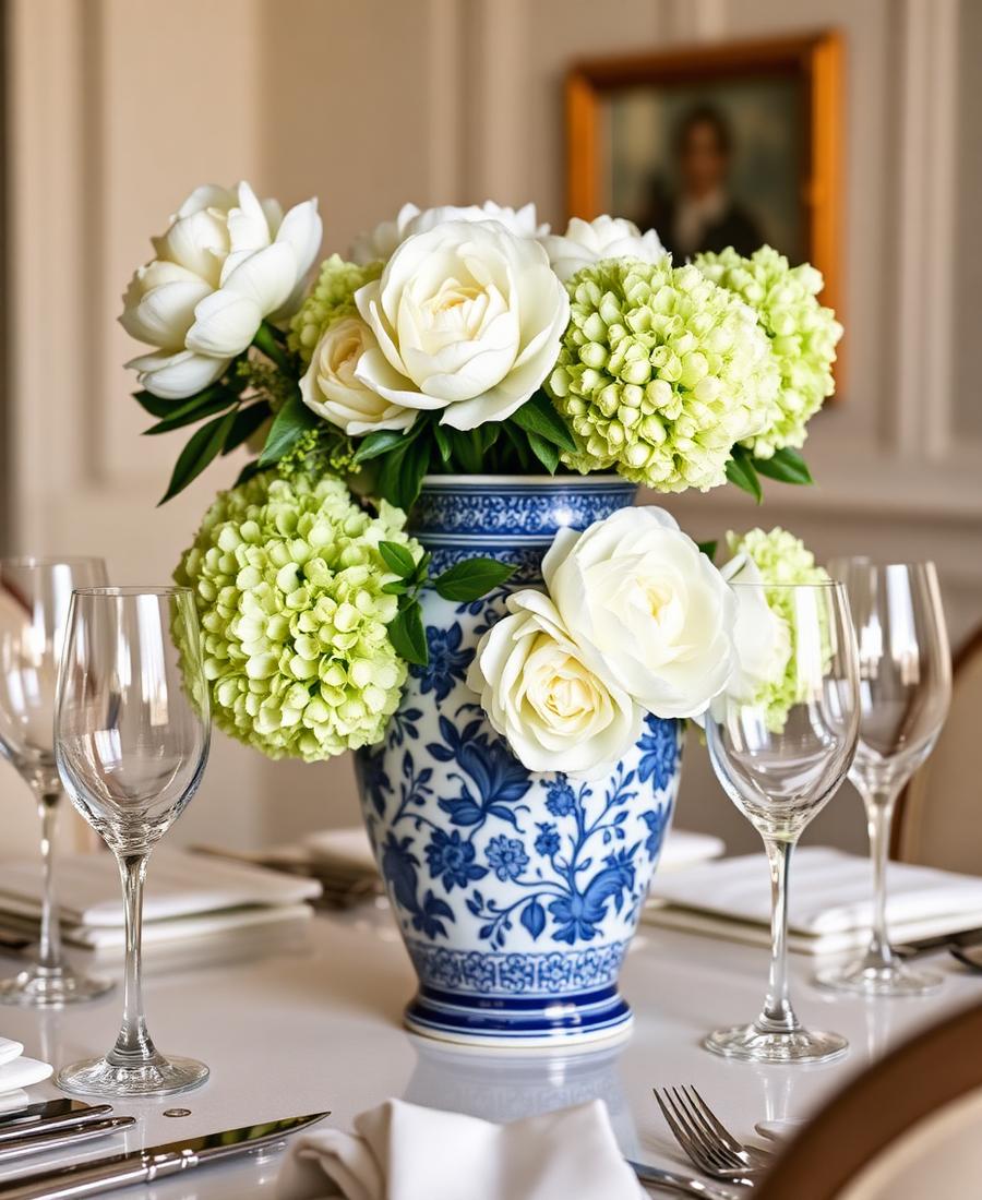 Ginger jar arrangement of white roses and green hydrangea