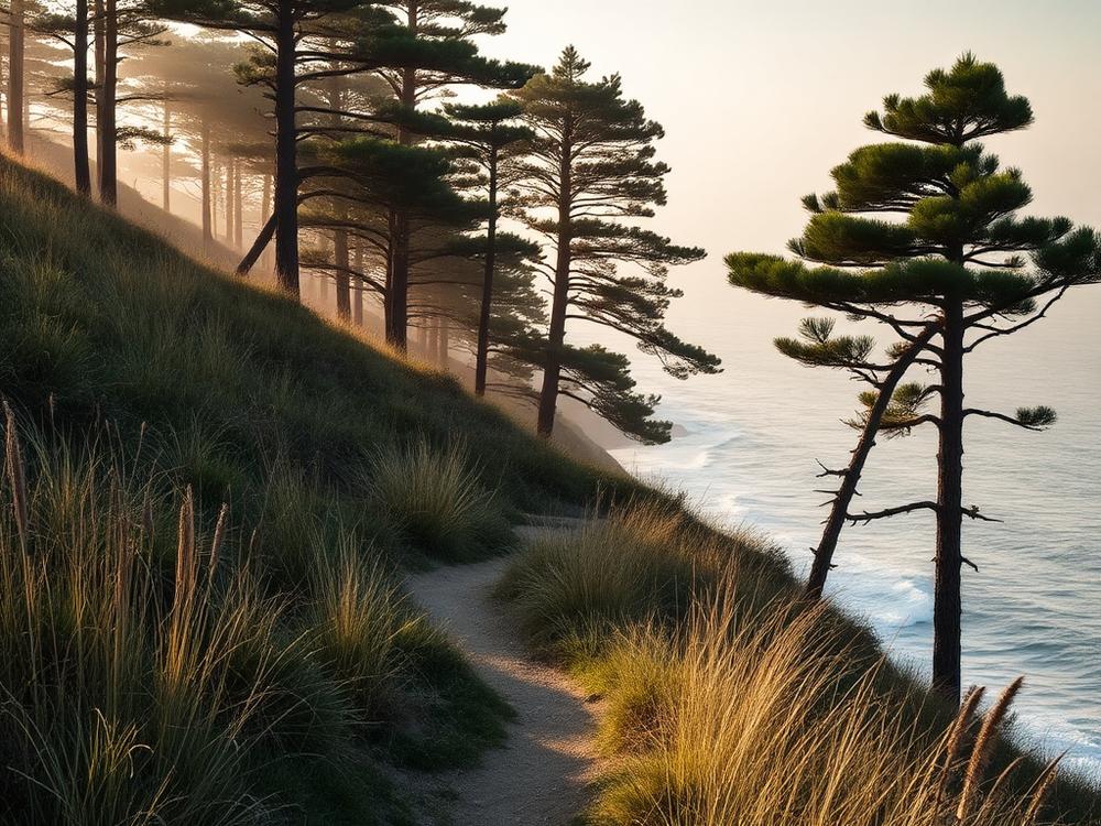 Coastal path lined with grasses above the ocean