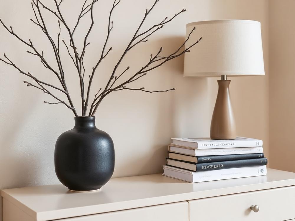 Console table styled with branches and books