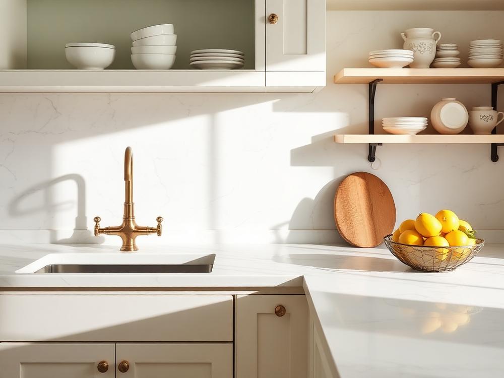 White kitchen detail with brass faucet