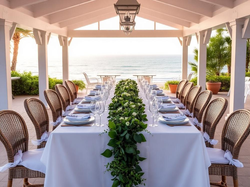 Summer dinner party table on a covered patio