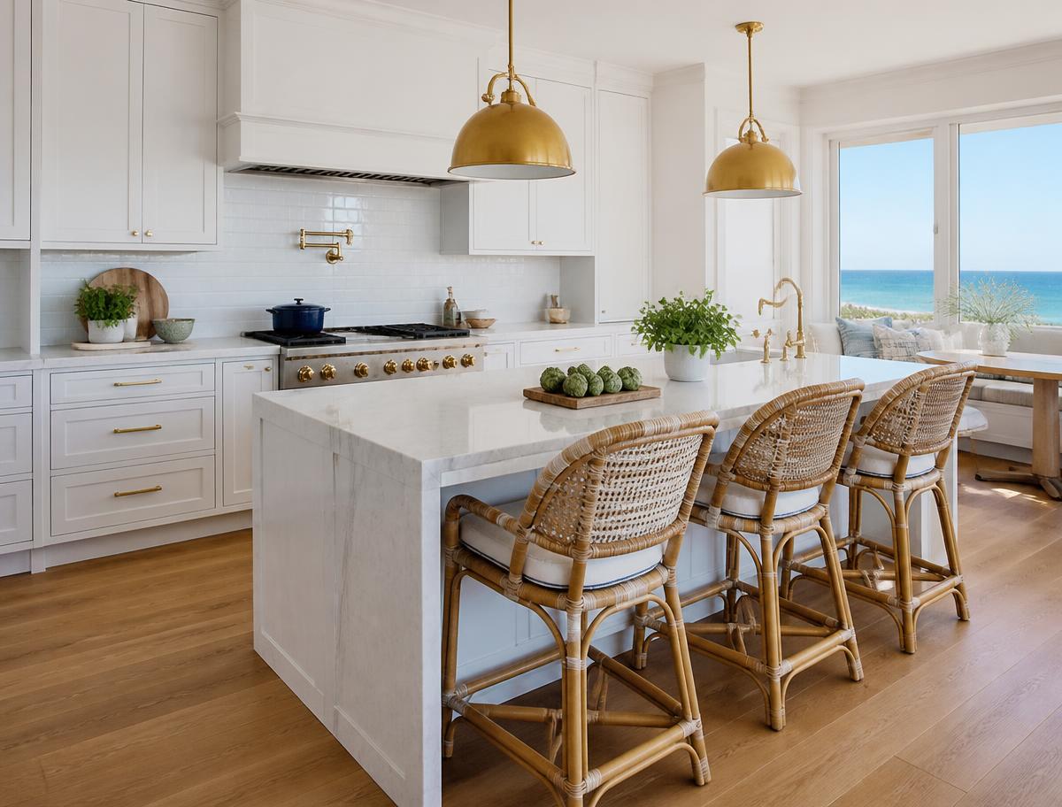 Renovated white coastal kitchen with marble island